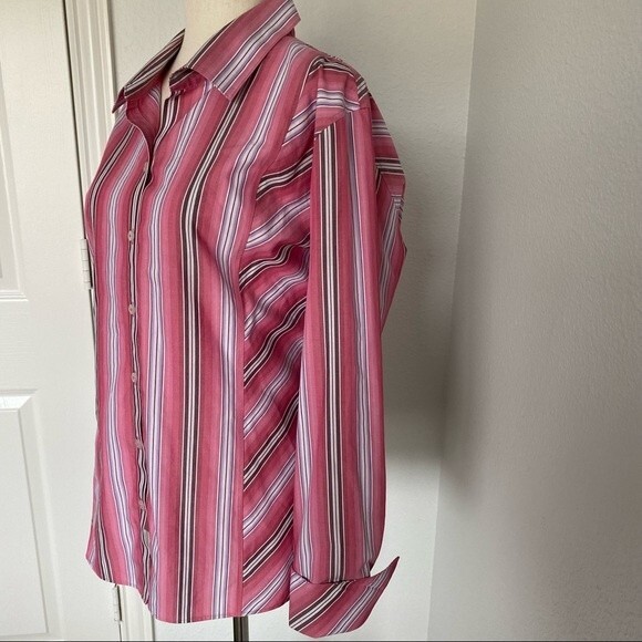 Liz Claiborne No Iron Purple Pink Stripe Button Front Long Sleeve Top SZ 14 - Picture 3 of 8